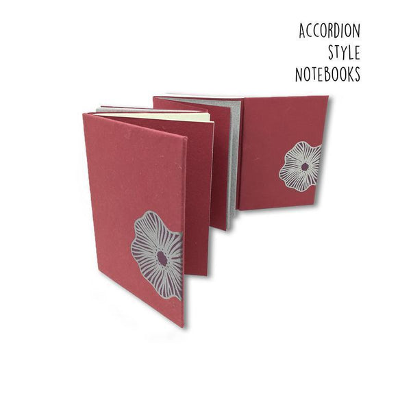 Dull Red Accordion Style Handmade Paper Journal - Dark Mauve with Poppy Flower (4 sets of 18 pages each)