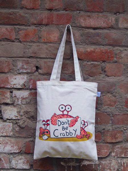 Reusable Natural Canvas Zipper Tote Bag - Don't be Crabby Print
