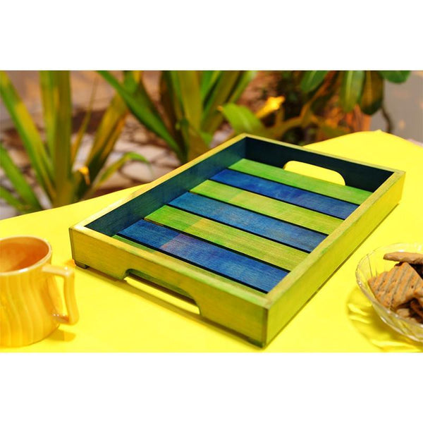 Hand-Carved Wooden Serving Tray  (Green and Blue) created by Traditional Artisans