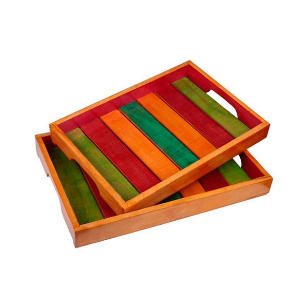 Hand-Carved Wooden Serving Trays - Set Of 2 (Multi-Coloured) created by Traditional Artisans