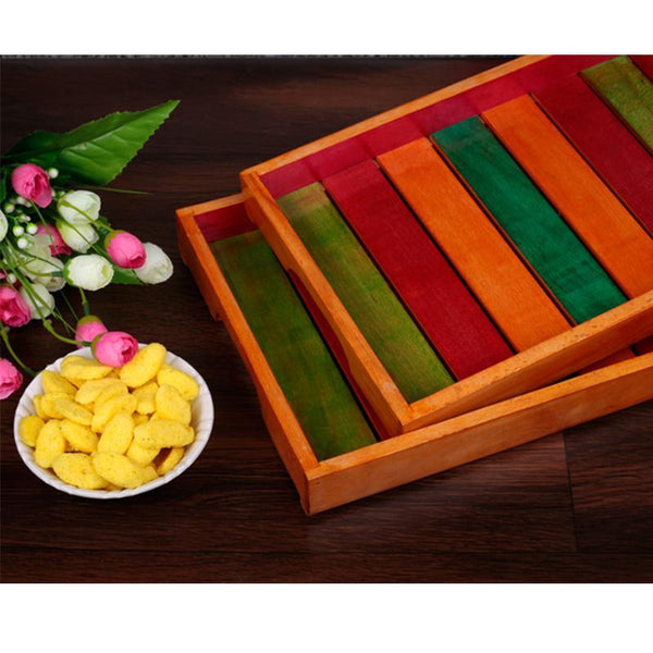 Hand-Carved Wooden Serving Trays - Set Of 2 (Multi-Coloured) created by Traditional Artisans