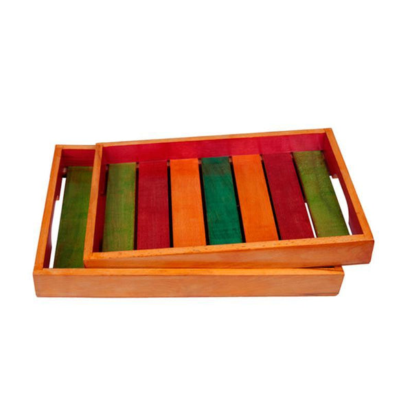 Hand-Carved Wooden Serving Trays - Set Of 2 (Multi-Coloured) created by Traditional Artisans
