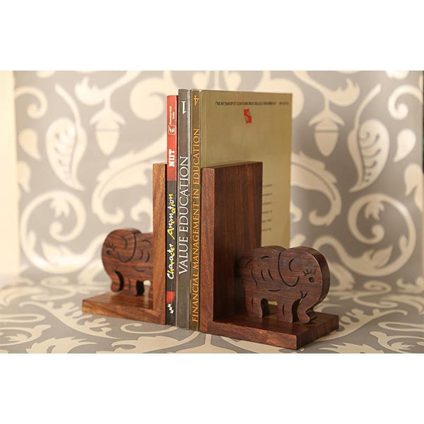 Handcarved Elephant Bookend in Sheesham Wood - Set of 2
