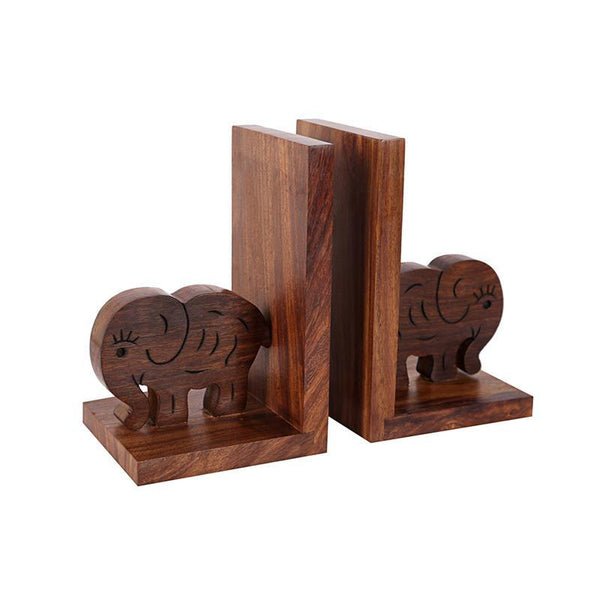 Handcarved Elephant Bookend in Sheesham Wood - Set of 2