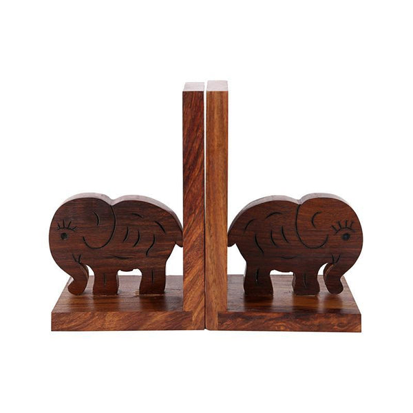 Handcarved Elephant Bookend in Sheesham Wood - Set of 2