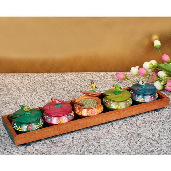 Hand Painted Wooden Parrot Jar Set With Tray And Spoon - Multicoloured