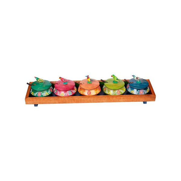 Hand Painted Wooden Parrot Jar Set With Tray And Spoon - Multicoloured