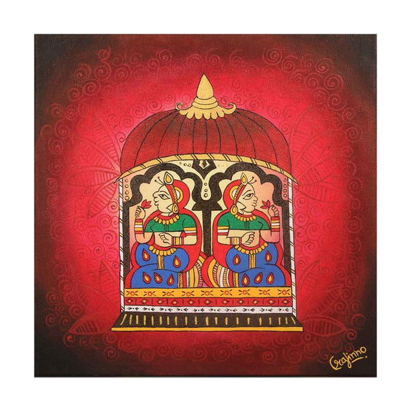 Hand Painted Empress Reflections Madhubani Folk Art Inspired Painting