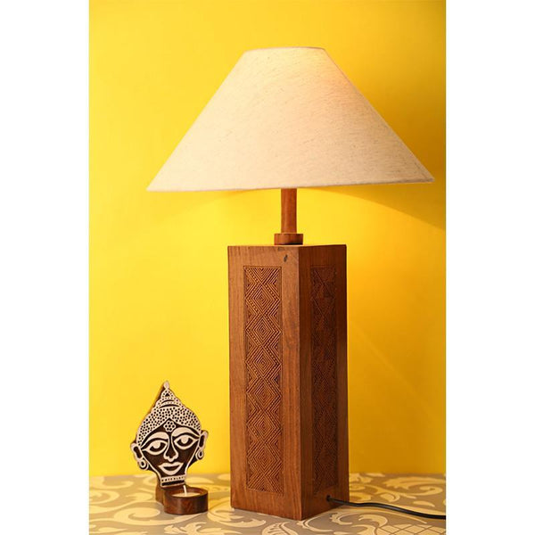 Engraved Wooden Table Lamp Created by Traditional Artisans