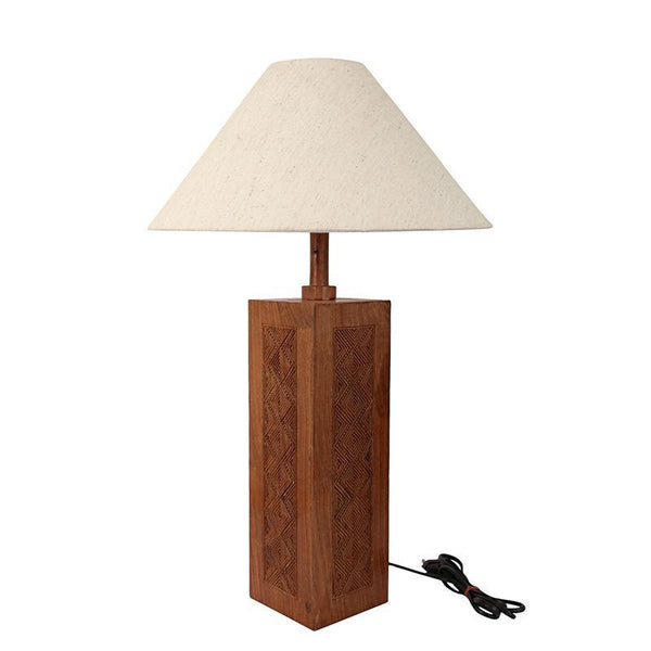 Engraved Wooden Table Lamp Created by Traditional Artisans