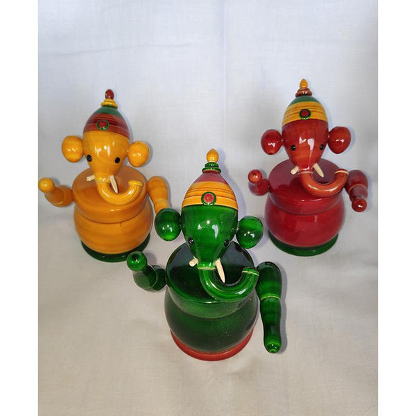 Wooden Ganesh Idols Carved by Etikoppaka Artisans - Set of 3 (Red, Yellow, and Green)