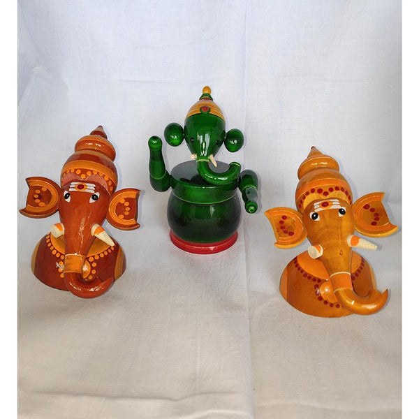 Wooden Half Ganesh and Ganth Ganesh Idols Carved by Etikoppaka Artisans - Set of 3 (Red, Orange, and Green)