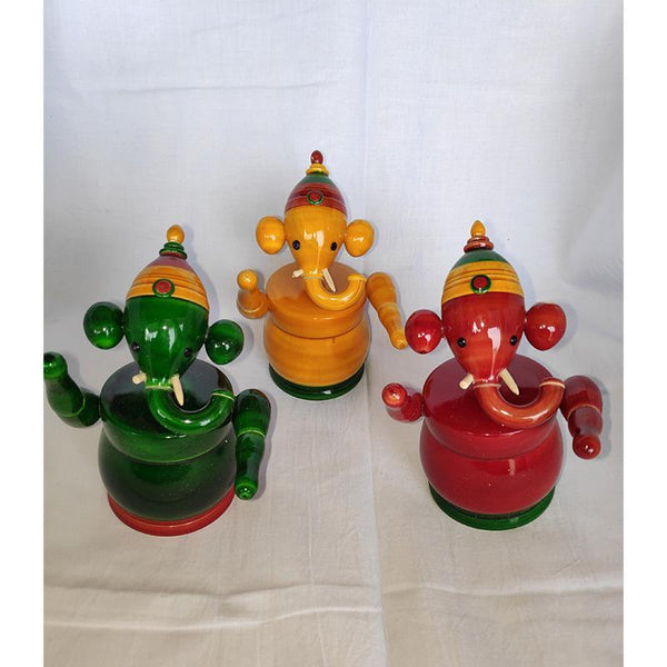 Wooden Ganesh Idols Carved by Etikoppaka Artisans - Set of 3 (Red, Yellow, and Green)