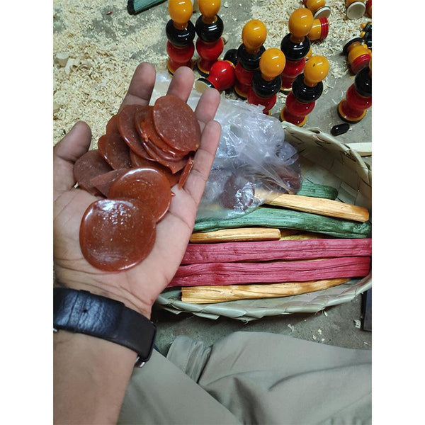 Wooden Half Ganesh and Ganth Ganesh Idols Carved by Etikoppaka Artisans - Set of 3 (Red, Orange, and Green)