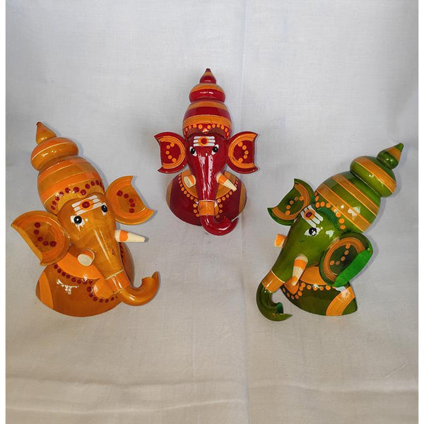 Wooden Half Ganesh Idols Crafted by Etikoppaka Artisans - Set of 3 (Red, Yellow, and Green)