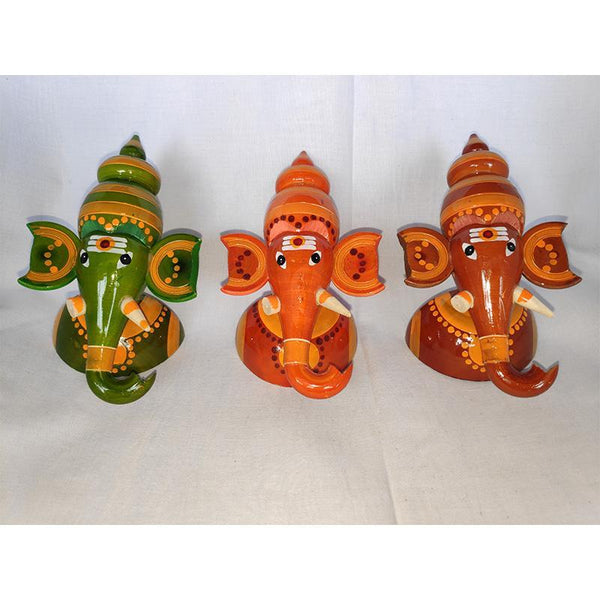 Wooden Half Ganesh Idols Crafted by Etikoppaka Artisans - Set of 3 (Red, Orange, and Green)