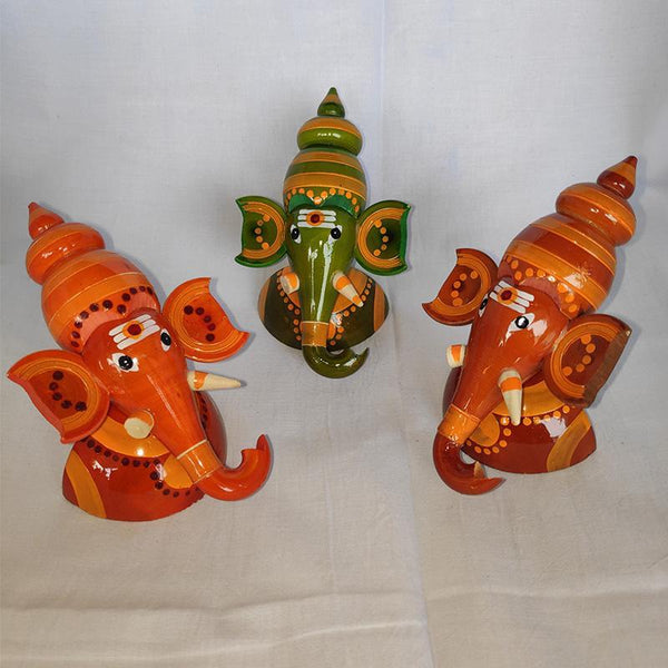 Wooden Half Ganesh Idols Crafted by Etikoppaka Artisans - Set of 3 (Red, Orange, and Green)