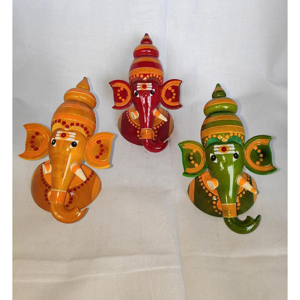 Wooden Half Ganesh Idols Crafted by Etikoppaka Artisans - Set of 3 (Red, Yellow, and Green)
