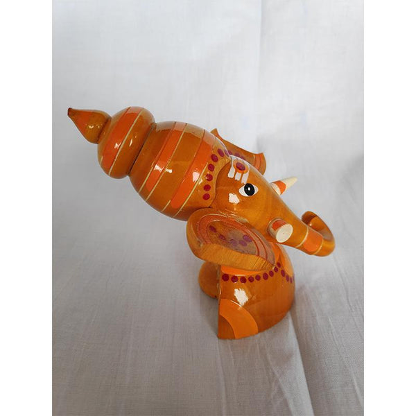 Wooden Half Ganesh Idols Crafted by Etikoppaka Artisans - Set of 3 (Red, Orange, and Green)