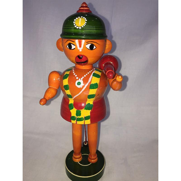 Wooden Hanuman Idol with Green Cap Crafted by Etikoppaka Artisans