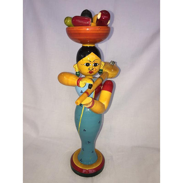 Wooden Lady Doll with Basket and Violin Crafted by Etikoppaka Artisans - Sky Blue Saree