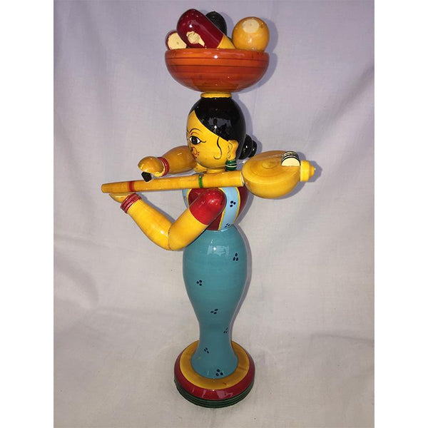 Wooden Lady Doll with Basket and Violin Crafted by Etikoppaka Artisans - Sky Blue Saree
