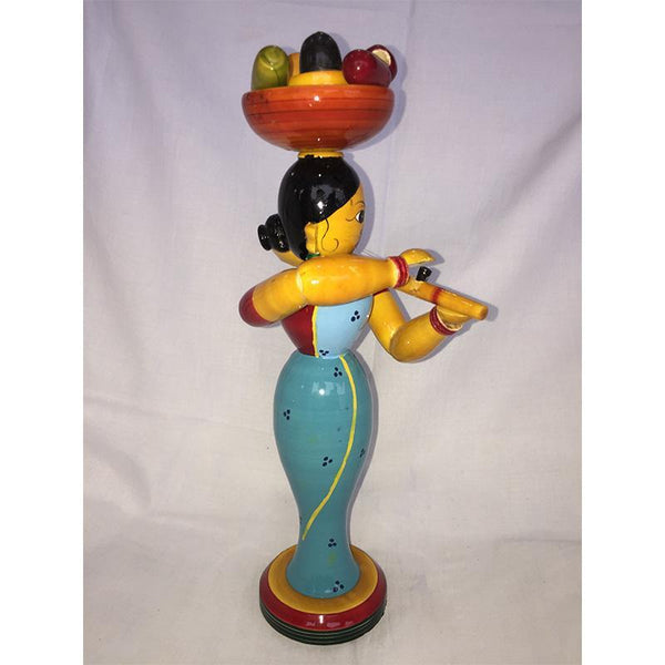 Wooden Lady Doll with Basket and Violin Crafted by Etikoppaka Artisans - Sky Blue Saree