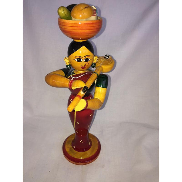 Wooden Lady Doll with Basket and Violin Crafted by Etikoppaka Artisans - Red Saree