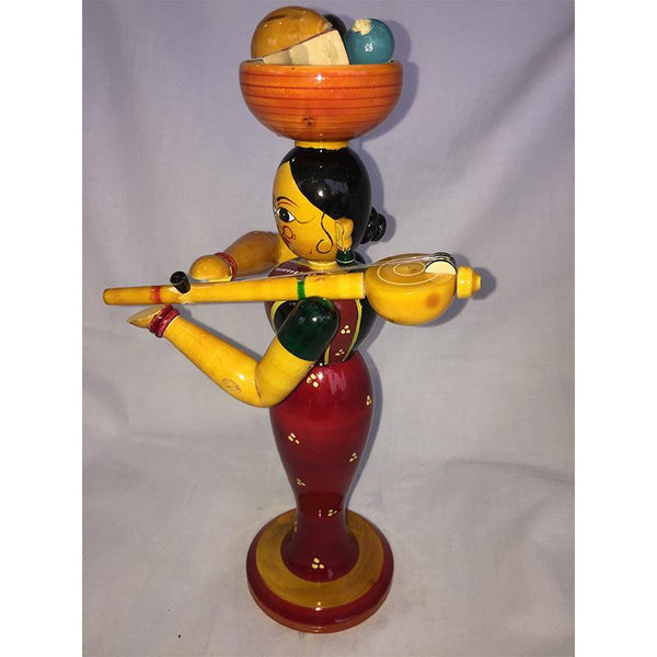 Wooden Lady Doll with Basket and Violin Crafted by Etikoppaka Artisans - Red Saree