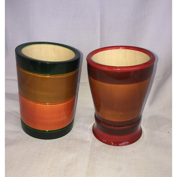 Wooden Pen Stands Carved by Etikoppaka Artisans (Set of 2) - Red and Black