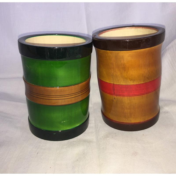 Wooden Pen Stands Carved by Etikoppaka Artisans - Green and Brown (Set of 2)