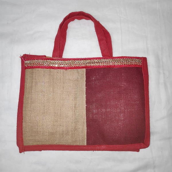 Jute Gift Bag - Dark Pink and Cream from Agiripalli, Andhra Pradesh