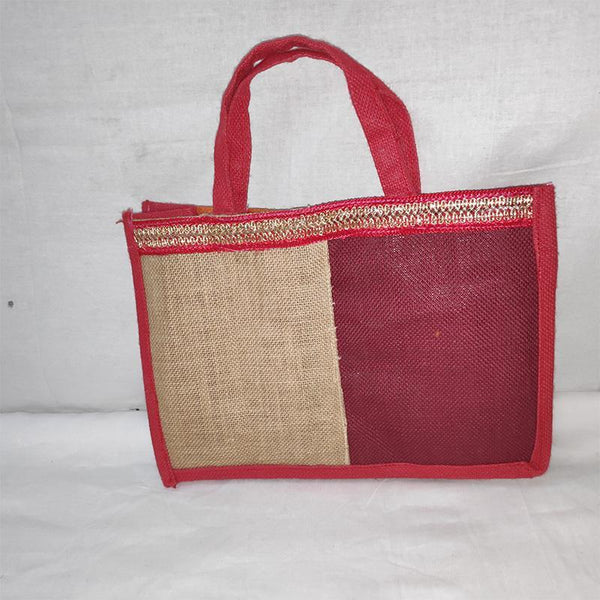 Jute Gift Bag - Dark Pink and Cream from Agiripalli, Andhra Pradesh