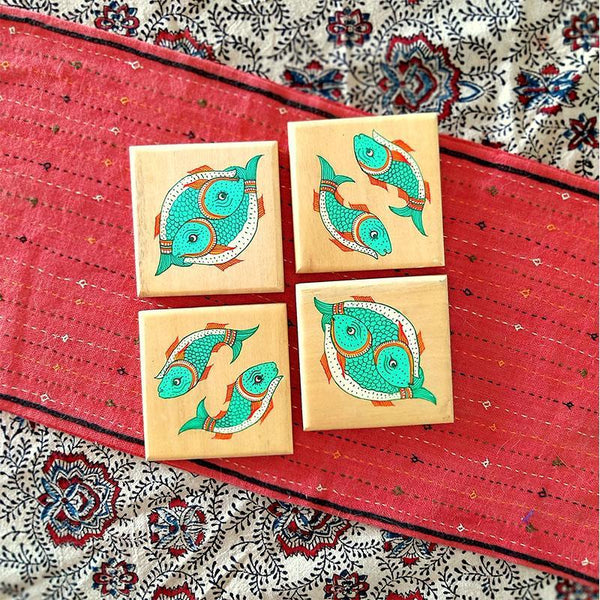 Handpainted Wooden Pattachitra Coasters (Fish Print) - Set of 4