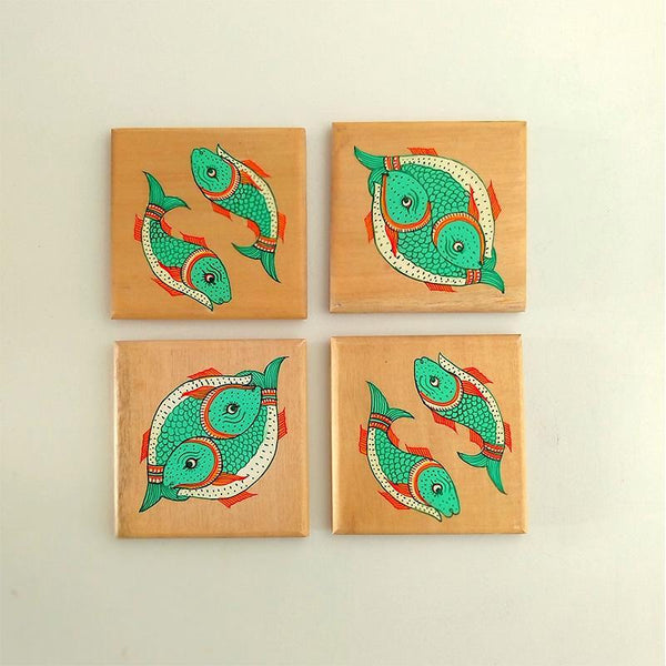 Handpainted Wooden Pattachitra Coasters (Fish Print) - Set of 4