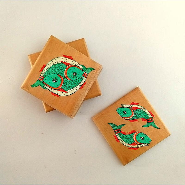 Handpainted Wooden Pattachitra Coasters (Fish Print) - Set of 4