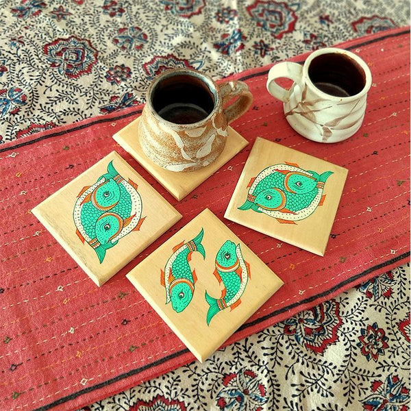 Handpainted Wooden Pattachitra Coasters (Fish Print) - Set of 4