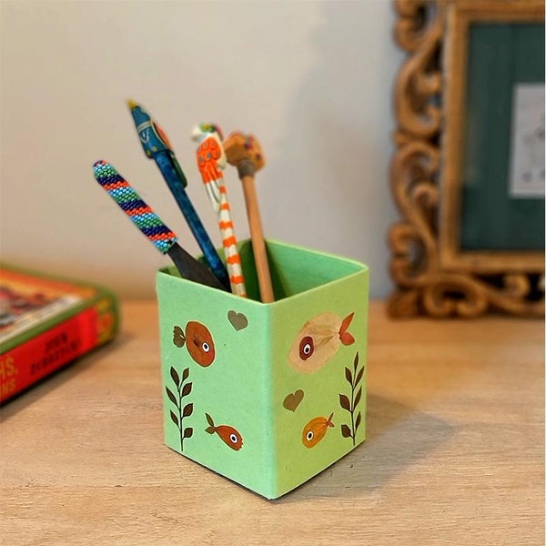 Handcrafted Pencil Holder with Handpressed Flowers (Green Fish)