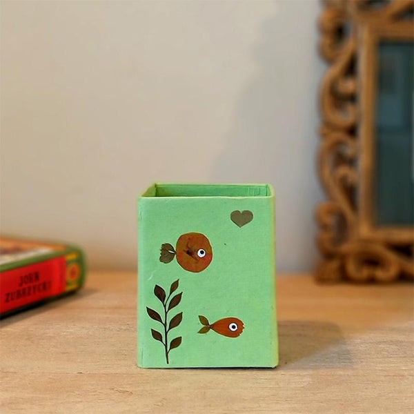Handcrafted Pencil Holder with Handpressed Flowers (Green Fish)