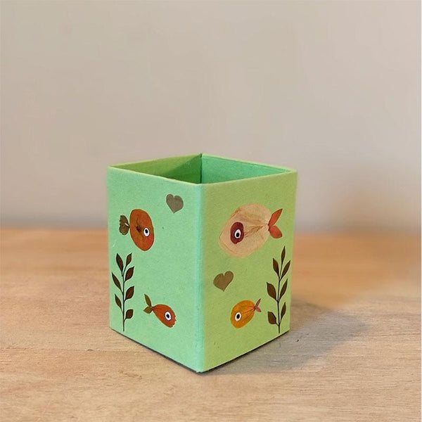 Handcrafted Pencil Holder with Handpressed Flowers (Green Fish)