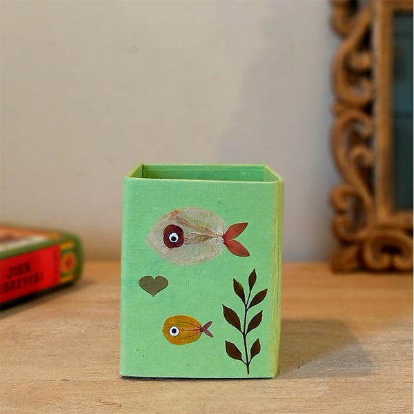 Handcrafted Pencil Holder with Handpressed Flowers (Green Fish)