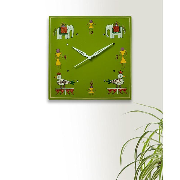 Hand Painted Wooden Warli Wall Clock Crafted by Traditional Artisans - Green
