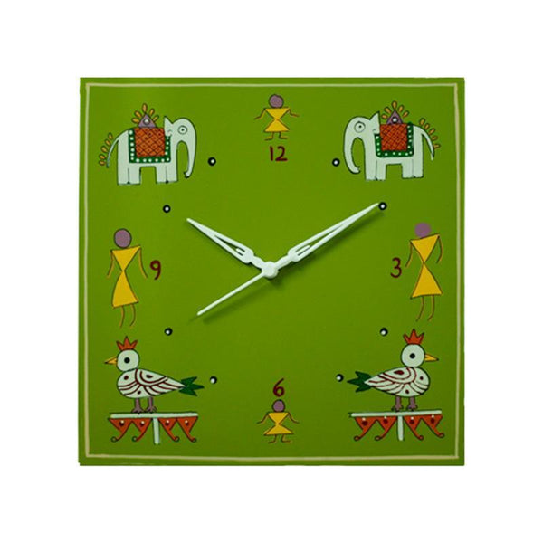 Hand Painted Wooden Warli Wall Clock Crafted by Traditional Artisans - Green