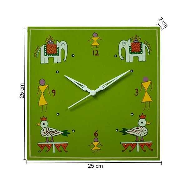 Hand Painted Wooden Warli Wall Clock Crafted by Traditional Artisans - Green