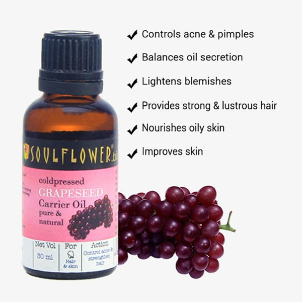 Soulflower Grapeseed Oil for Skincare and Acne, 30ml