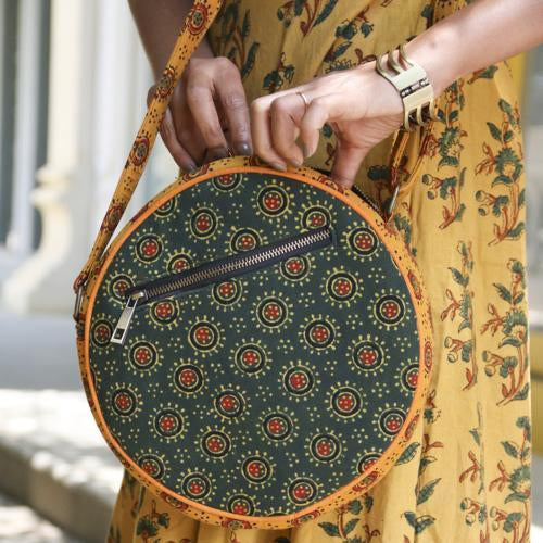 Naturally Dyed Ajrakh Dhol Sling Bag - Green