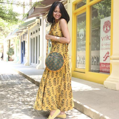 Naturally Dyed Ajrakh Dhol Sling Bag - Green