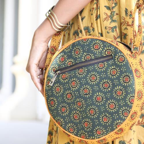 Naturally Dyed Ajrakh Dhol Sling Bag - Green