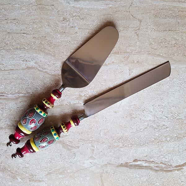 Hand-carved Cake Serving Spoon and Knife with Banarasi Woodwork