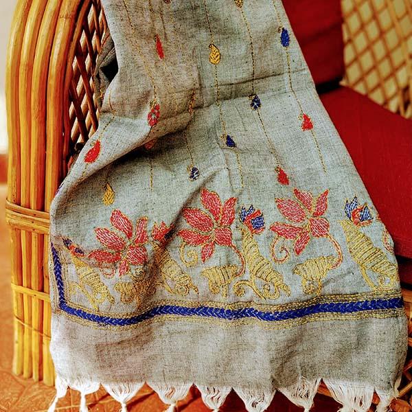 Grey Silk Cotton Kantha work Stole